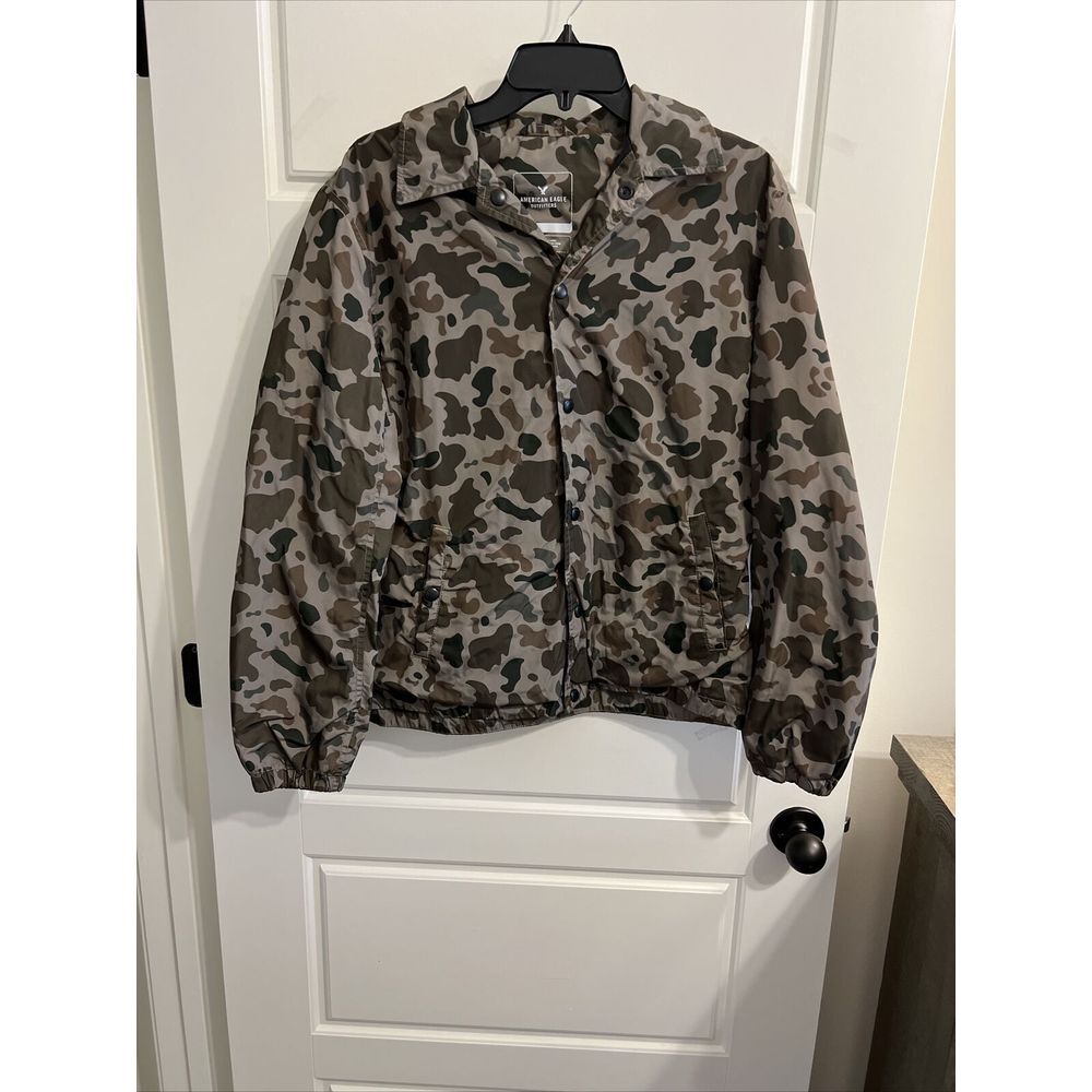 American Eagle Women Windbreaker Jacket Small Green Camo‎ Snap Collar Pockets